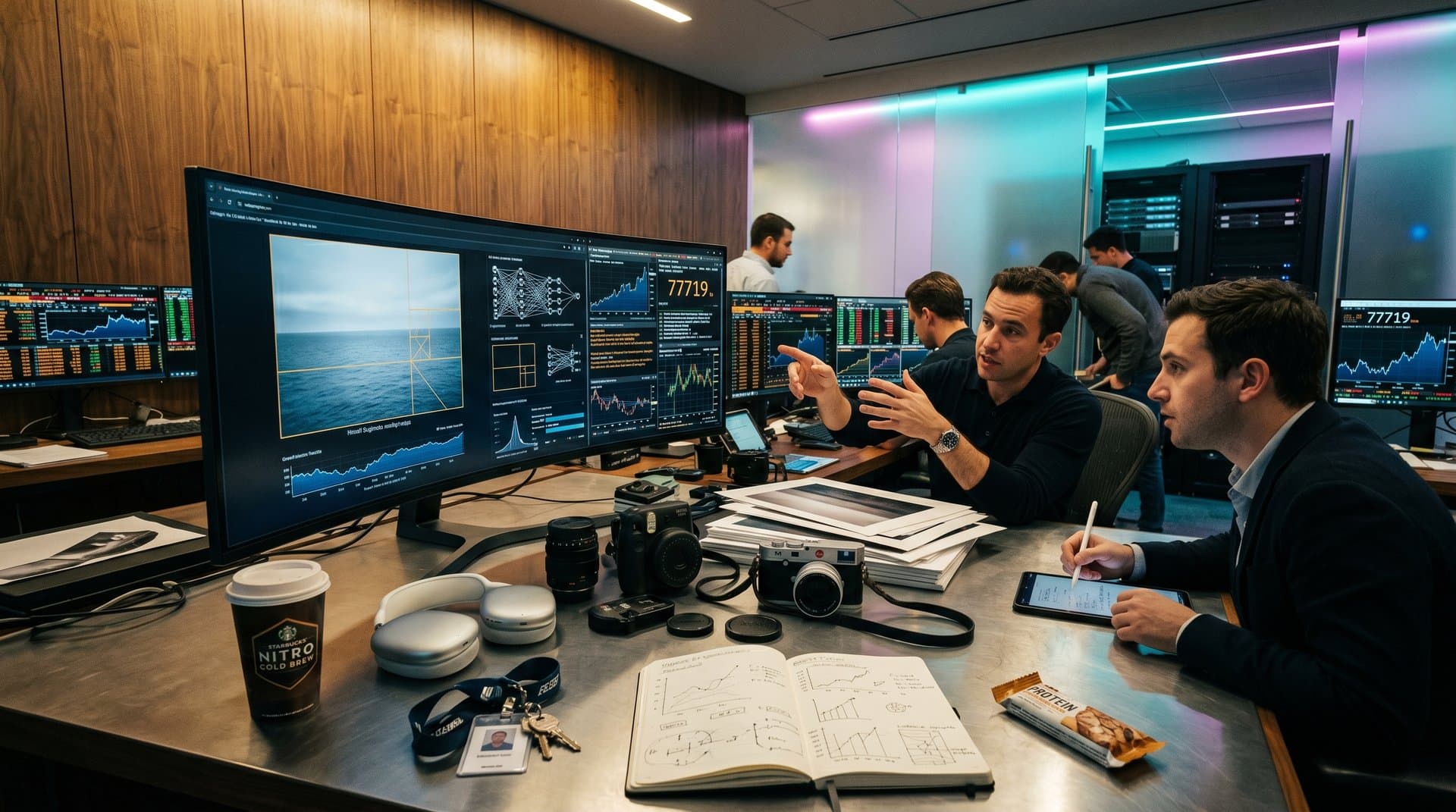 AI neural networks analyzing photography compositions for targeted visual arts ads amid crypto market data and gallery previews