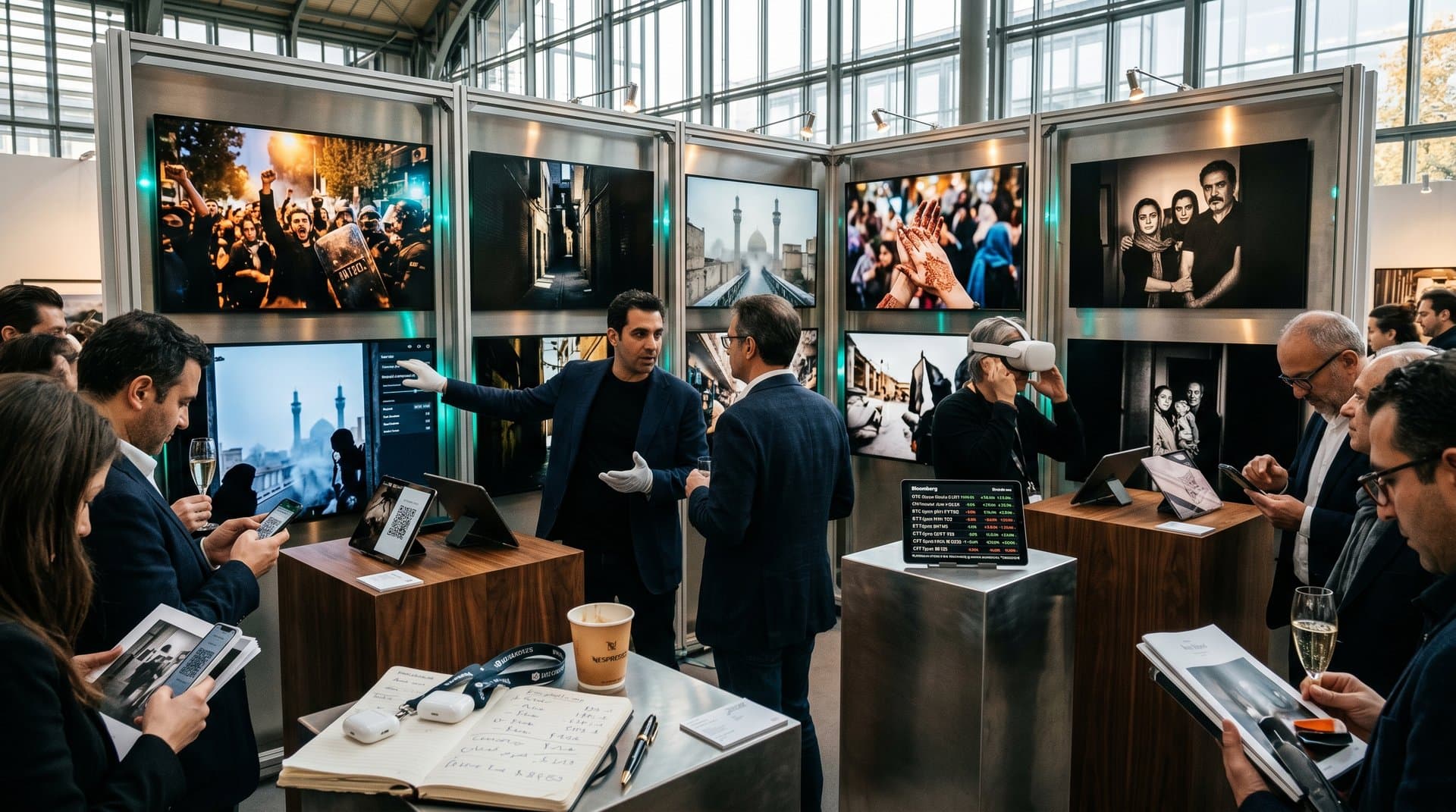 Art fair booth with NFT screens showing Iranian photography amid crypto charts and collectors
