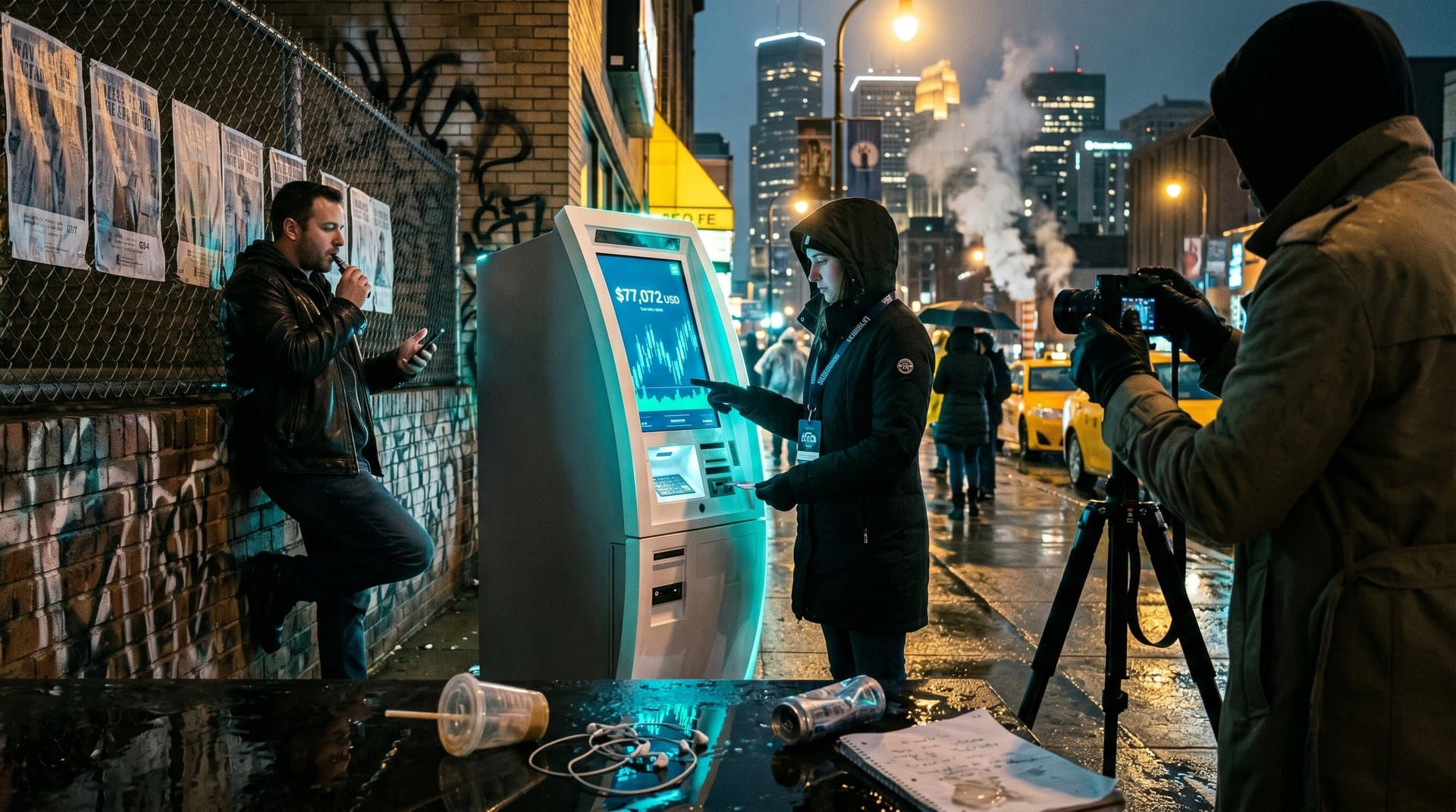 Glowing crypto ATM on urban night street with photographer capturing chiaroscuro scene of Bitcoin price display