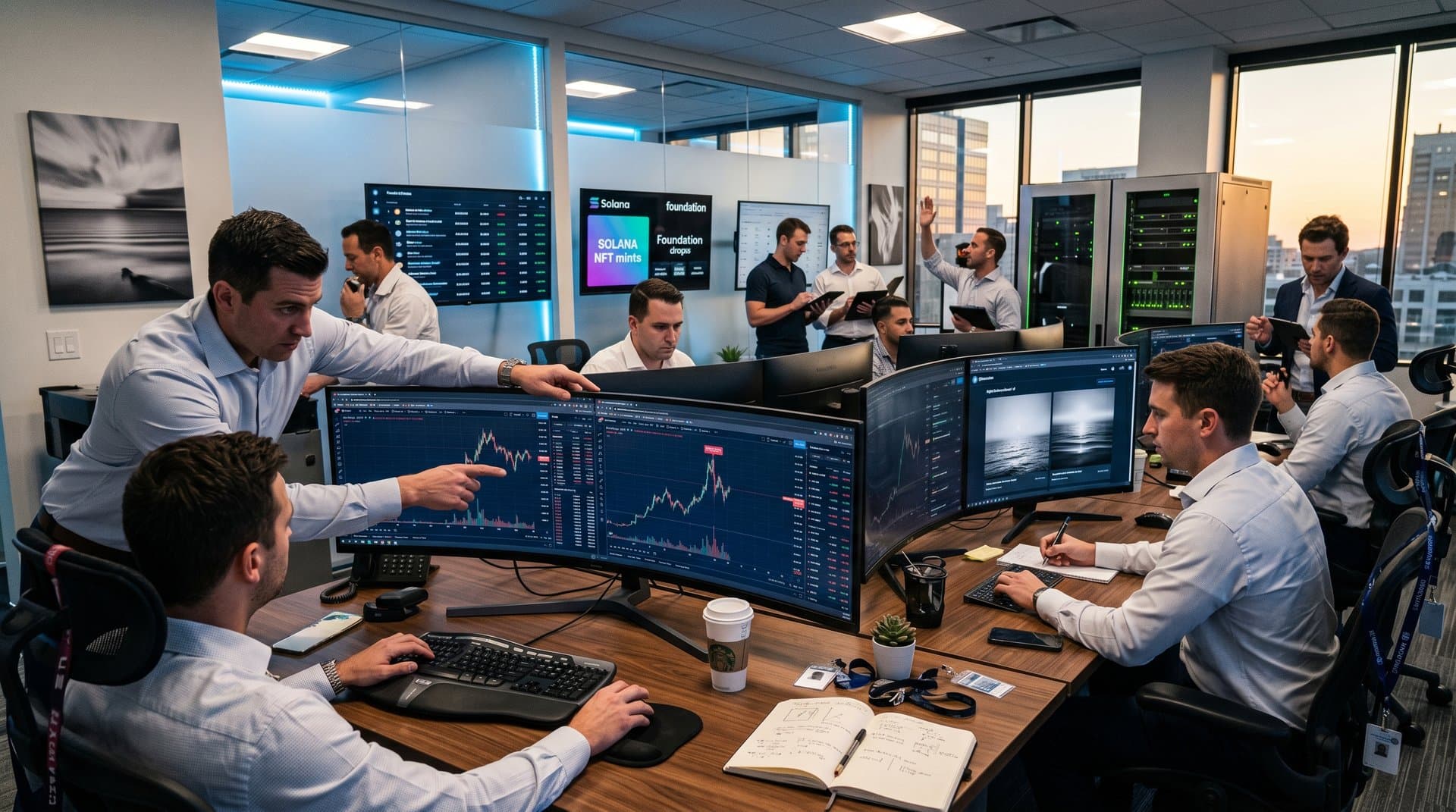 Community bank crypto desk with BTC charts and visual arts NFT auctions on monitors amid modern tech setup