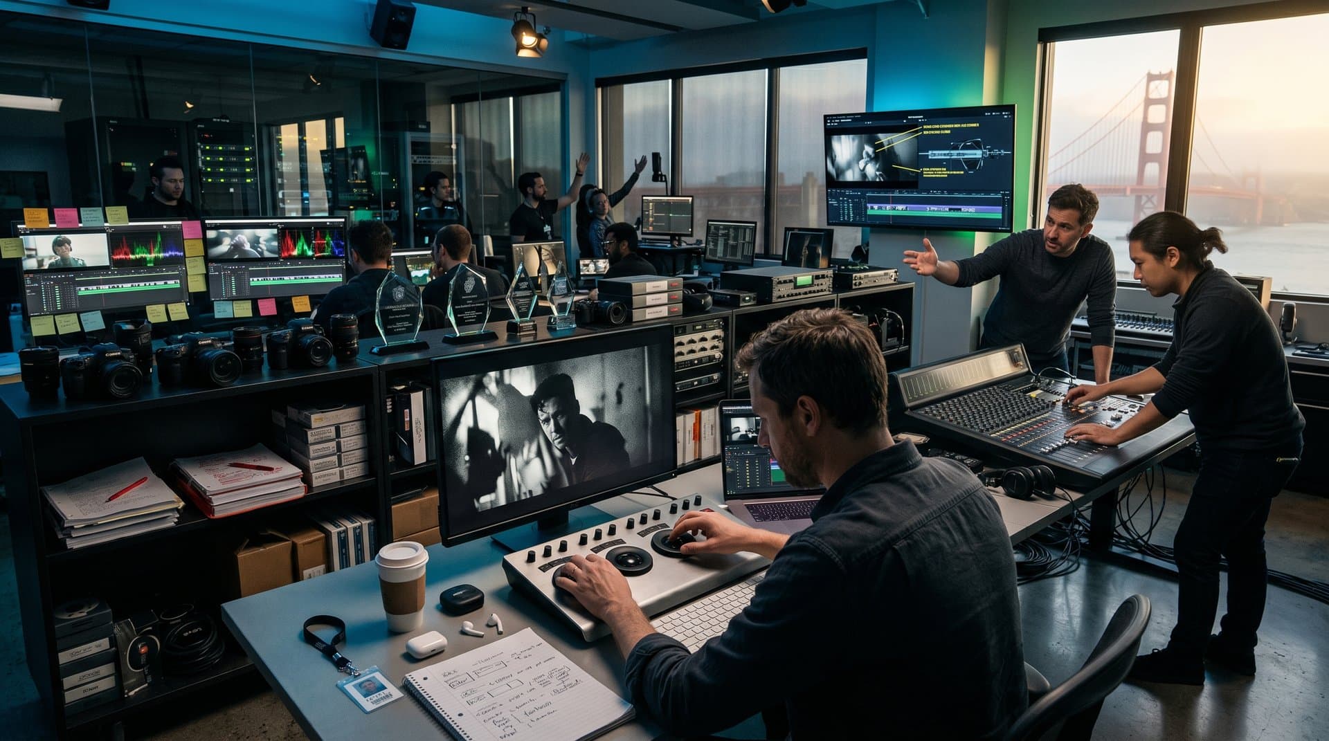 Post-production suite monitors display hybrid AI-human footage with grain overlays, Bay view, and tech gear