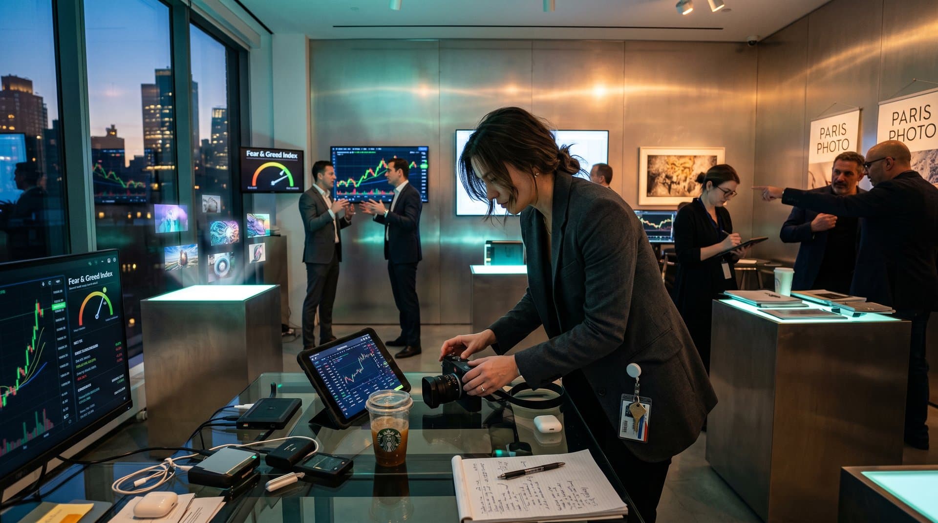 Gallery traders view crypto CFD charts with BTC $75K, Fear 26, and NFT art on screens amid photography gear