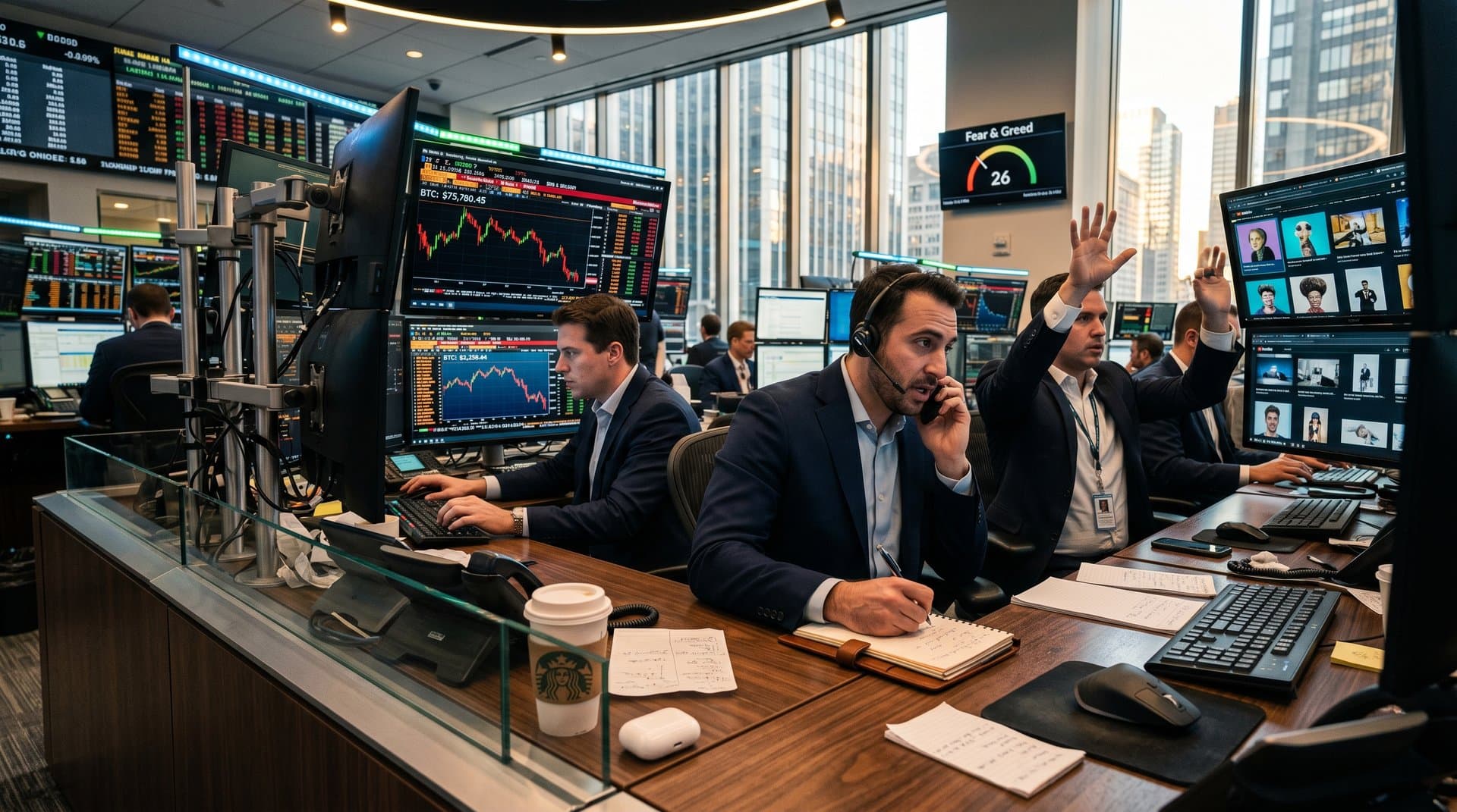 Bloomberg terminals show crypto CFD charts for BTC at $75,780 on trading desks with city skyline views and LED lighting