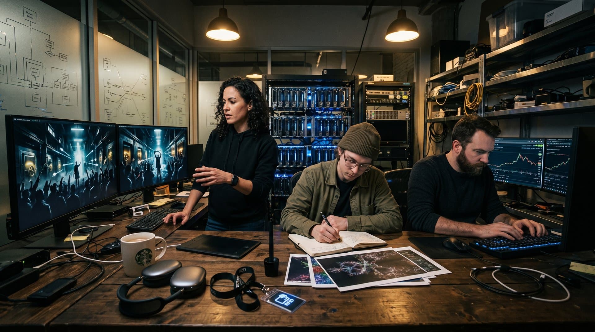 AI-generated Robin Hood visuals blend with Detroit street photography on workshop monitors amid crypto charts