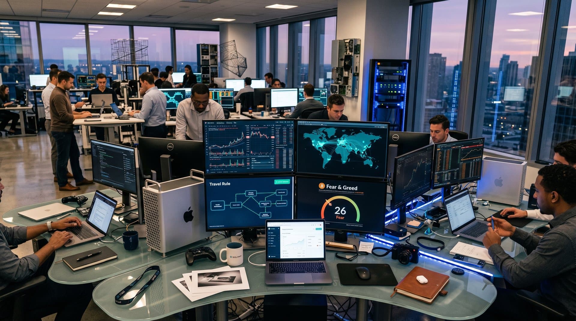 Fintech office with crypto charts at $75K BTC, VASP dashboards, and photography blockchain visuals on monitors