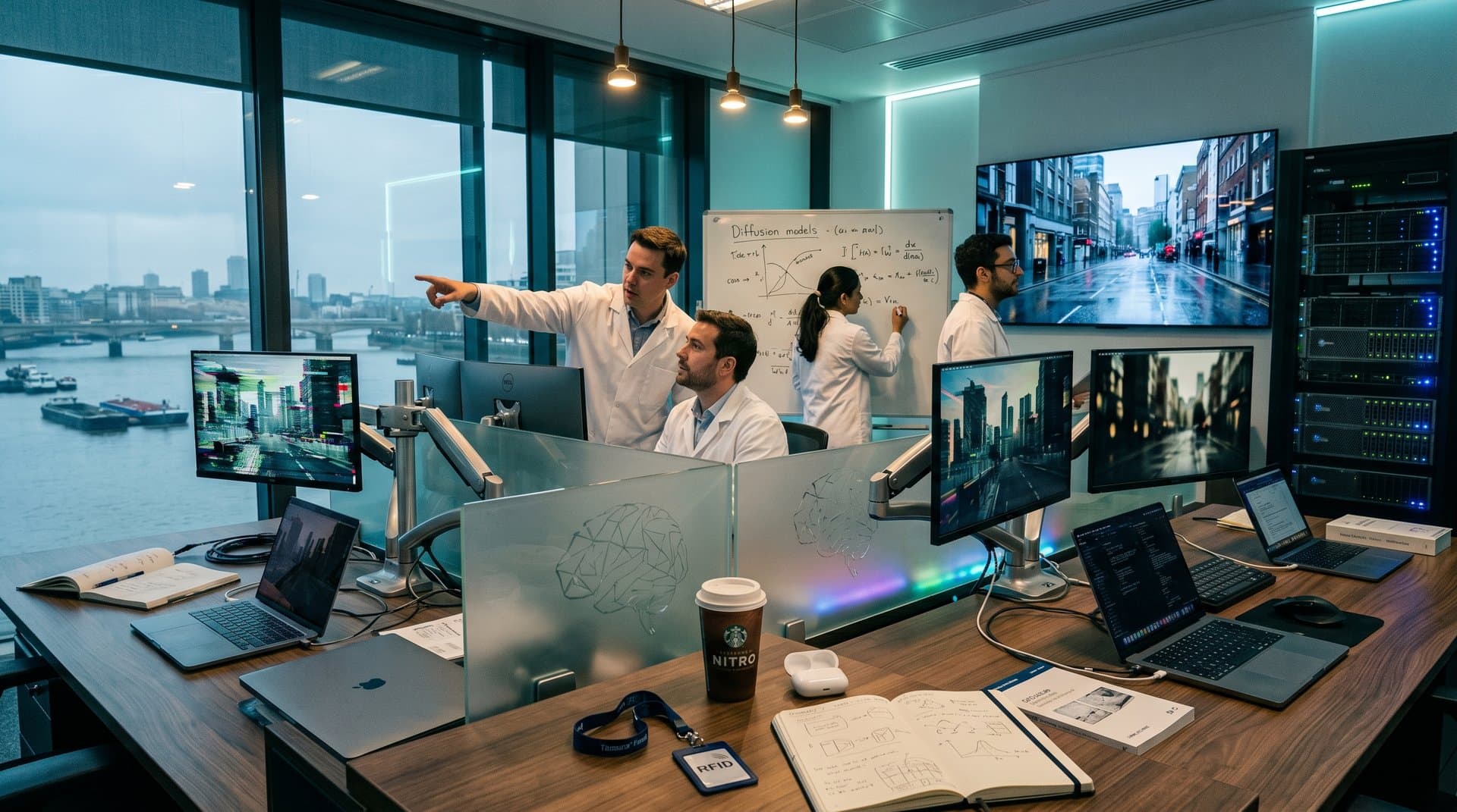 AI lab monitors compare raw synthetic video frames to human-refined chiaroscuro blends in sleek workspace with server racks and diagrams (98 chars)