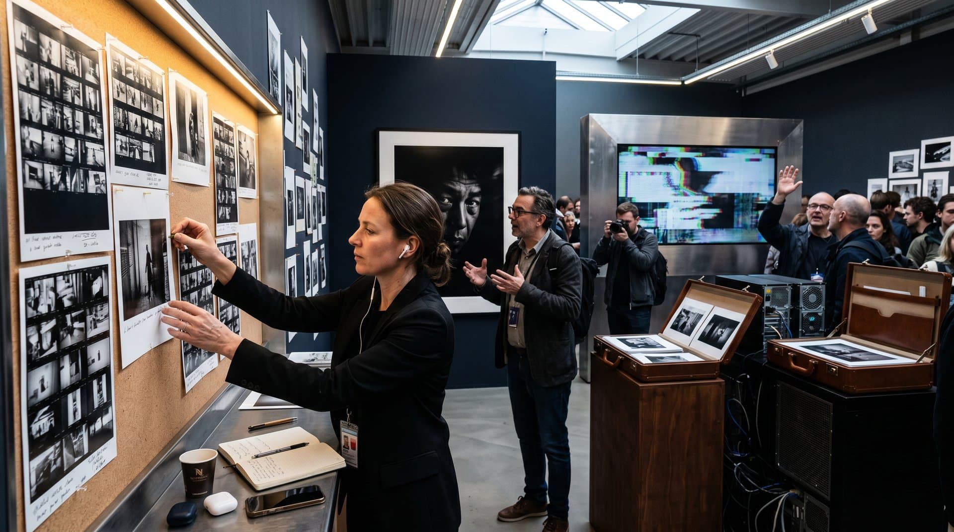Gallery contrasts analog photography contact sheets with glitched AI images amid data center model sculptures