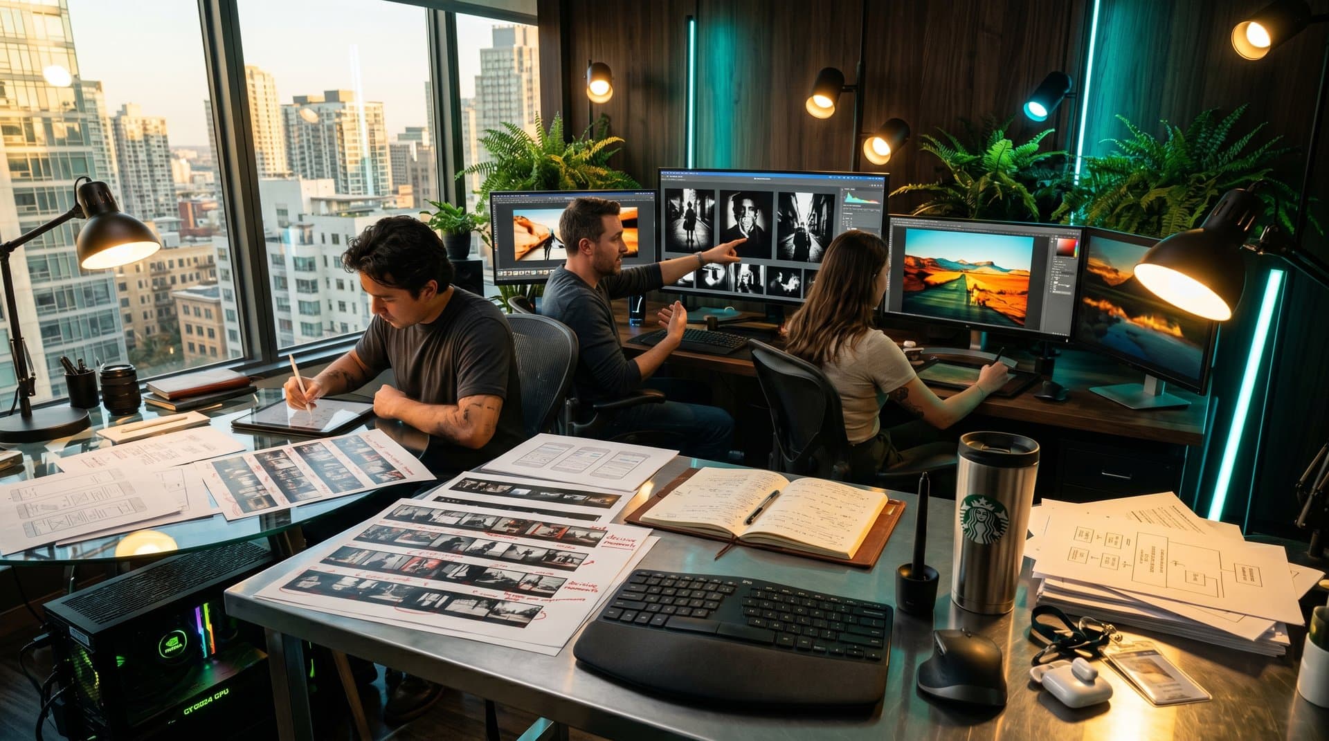 AI-enhanced photography interfaces on multi-monitor setups with glowing screens, keyboards, and high-tech studio elements