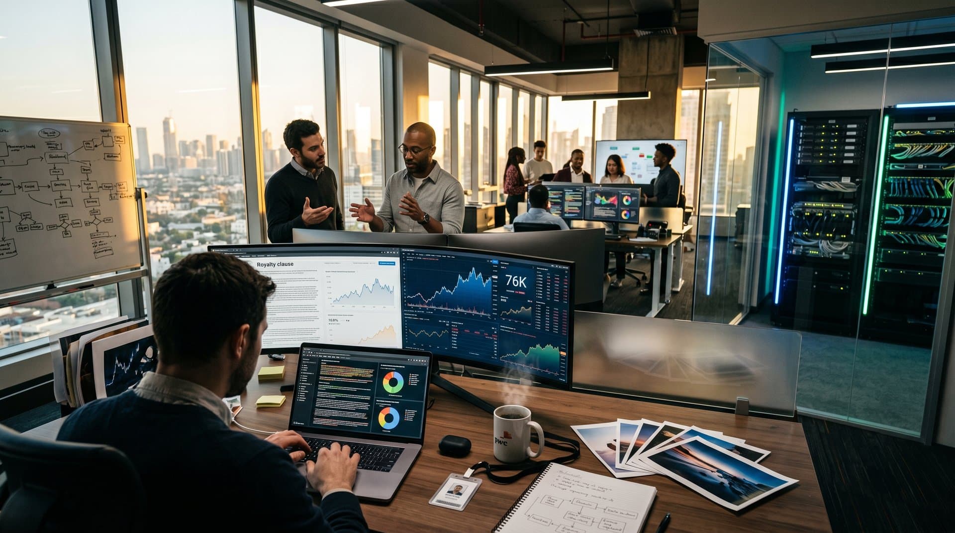 Modern tech lab screens show AI contract annotations, AWS dashboards, BTC charts, photography contracts
