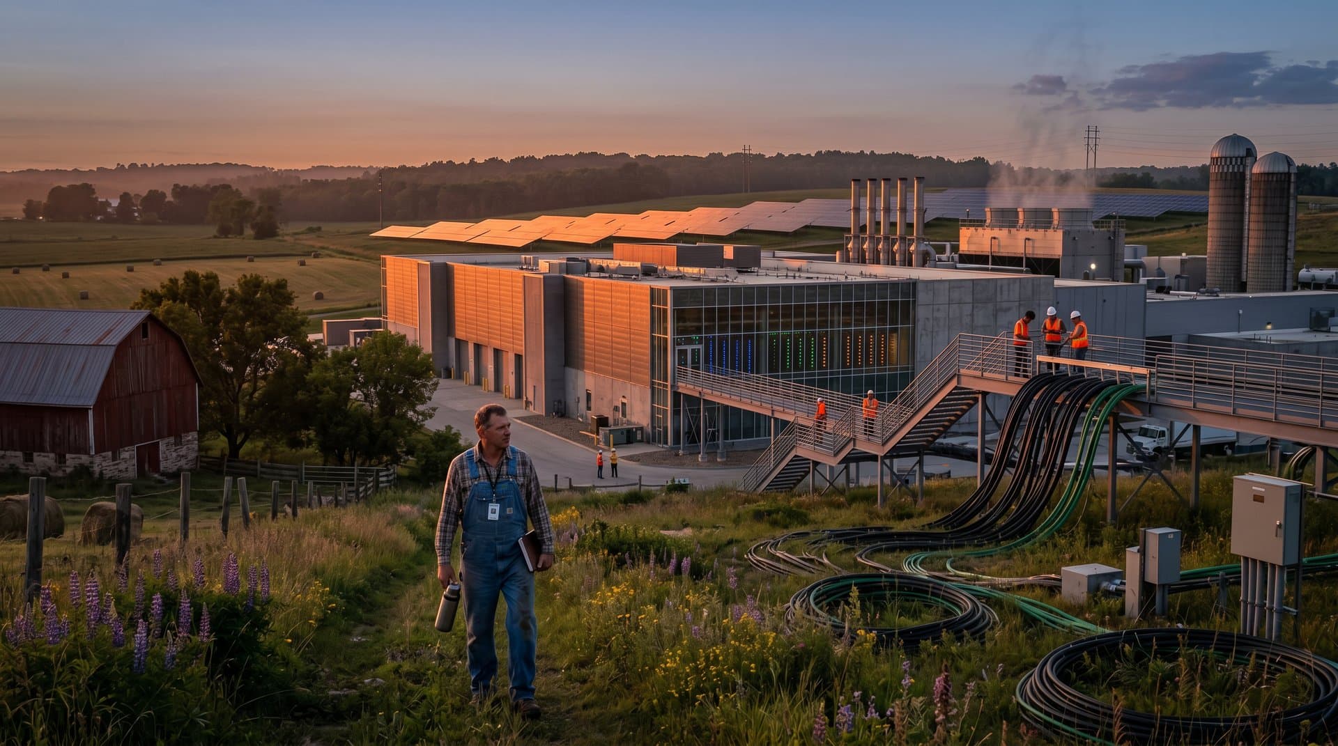 Data center advances on Wisconsin farmland, golden hour contrasts industrial forms against rural heritage