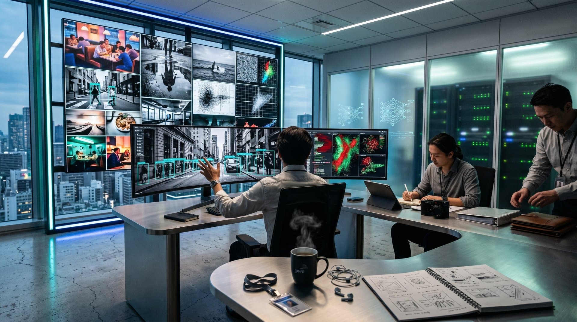 PwC office screens show AI-annotated photography with chiaroscuro tags amid AWS servers and curation grids