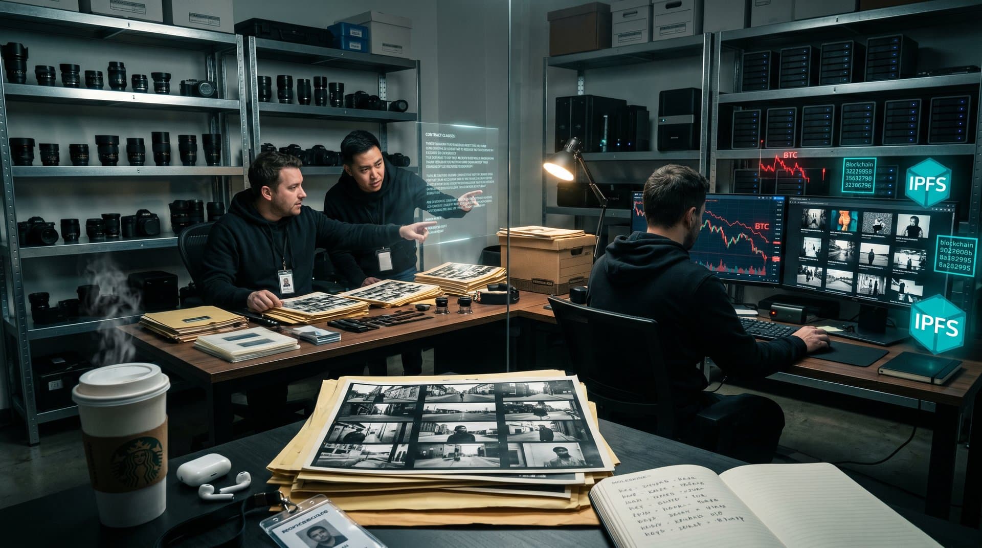 Contact sheets of photo thumbnails overlaid with AI will interfaces and dropping BTC charts in tense digital archive