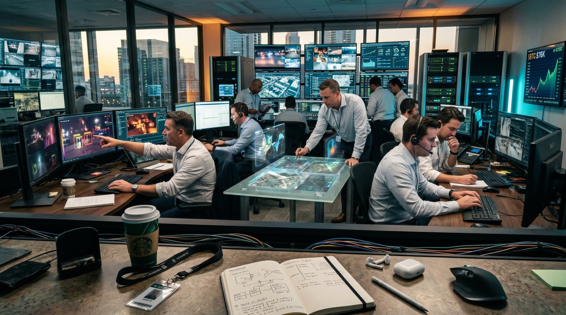 AI-enhanced crisis visuals on multi-screen ops center workstations with crypto charts and professional tech setup