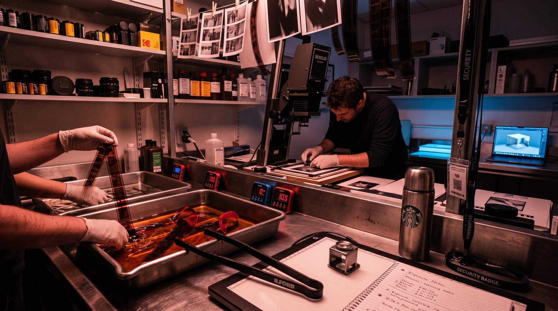 Darkroom developing analog film contrasts AI screen in visual arts authenticity