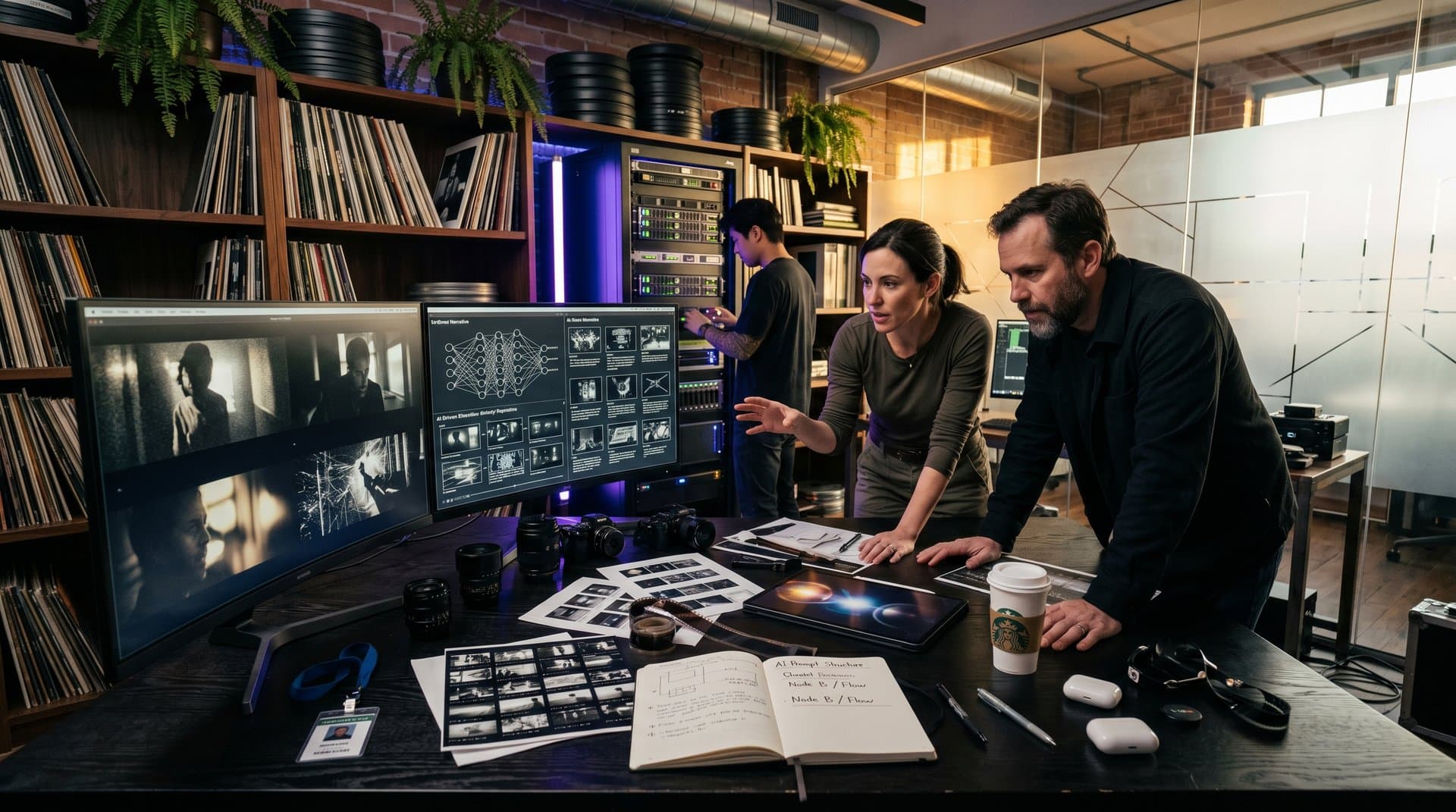 Studio monitors show blended film frames and AI networks with emulsion strips and lenses on table amid warm light