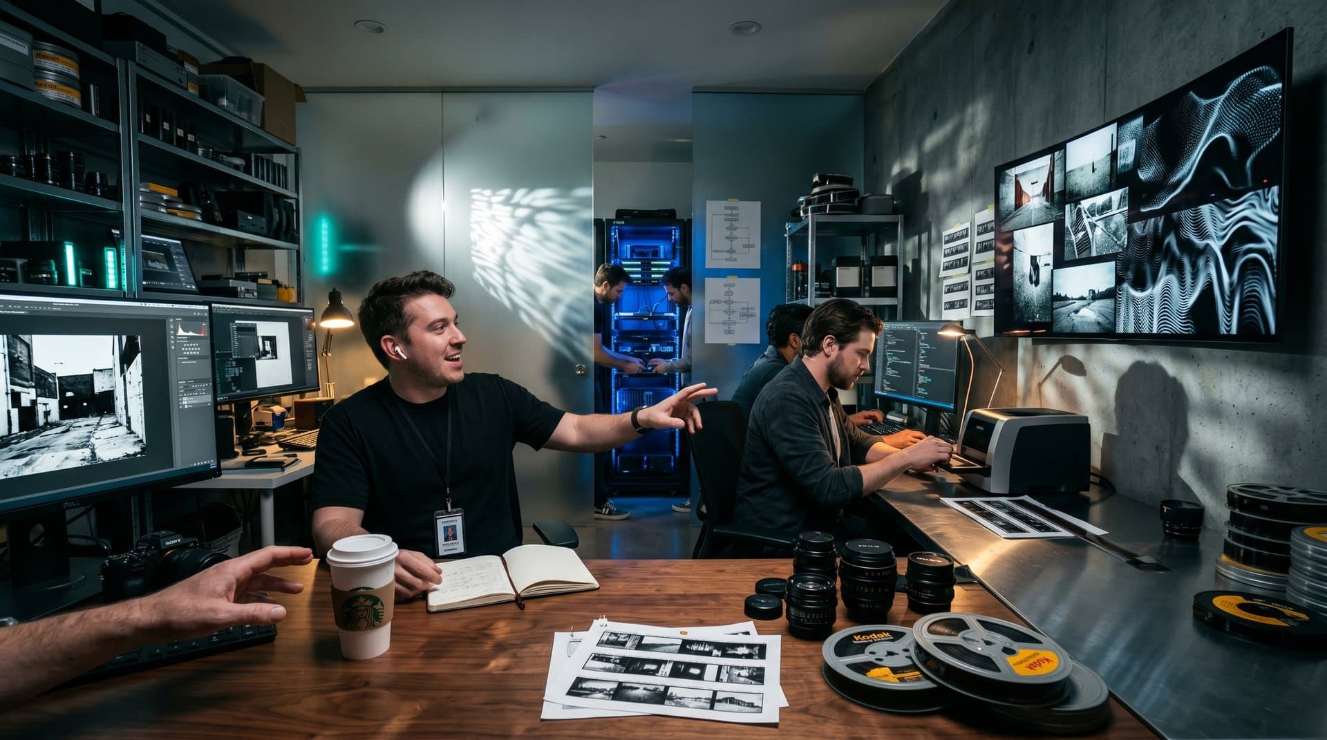 Chiaroscuro studio blending 35mm film tools, contact sheets, and AI video analysis for human craft filmmaking