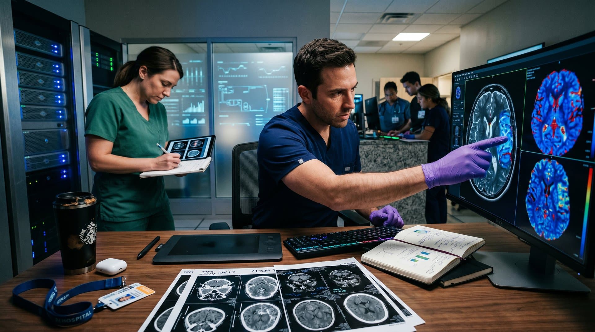 Curved monitor shows AI-annotated 3D brain MRI with stroke heatmaps in high-tech radiology suite desk setup