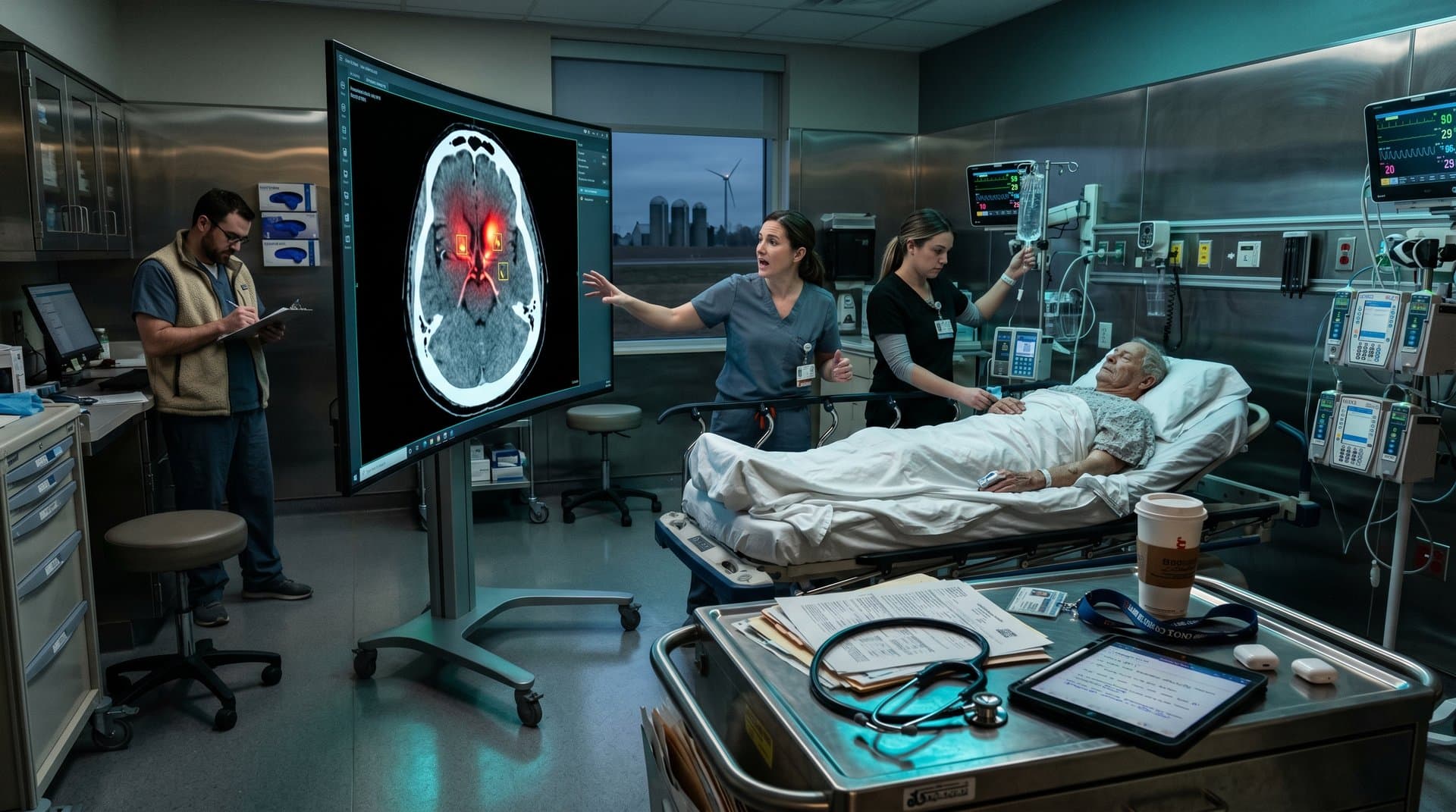 Rural ER monitor shows AI-highlighted stroke CT scan with heatmap, dramatic glow against empty highway view