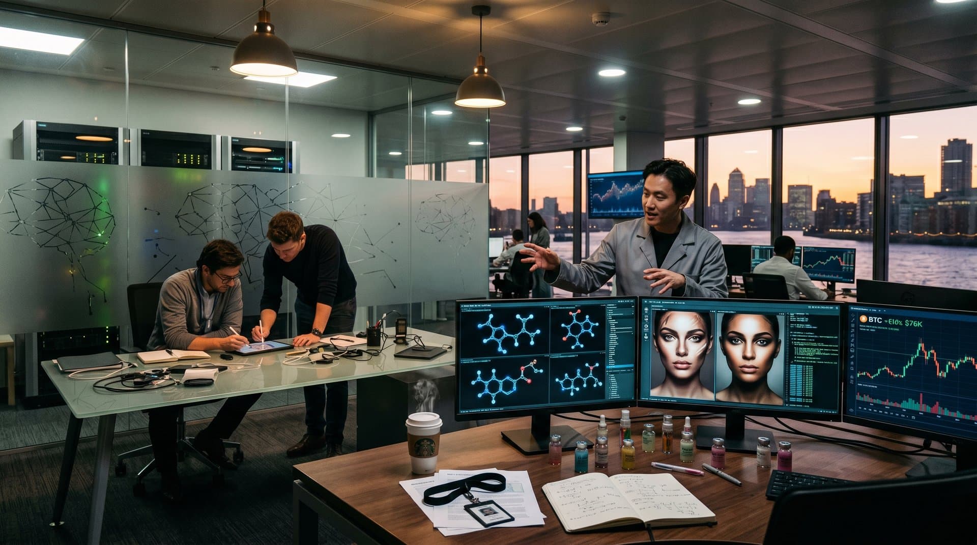 Tech lab screens show AI-enhanced portraits, cosmetic molecules, and crypto data in dynamic lighting
