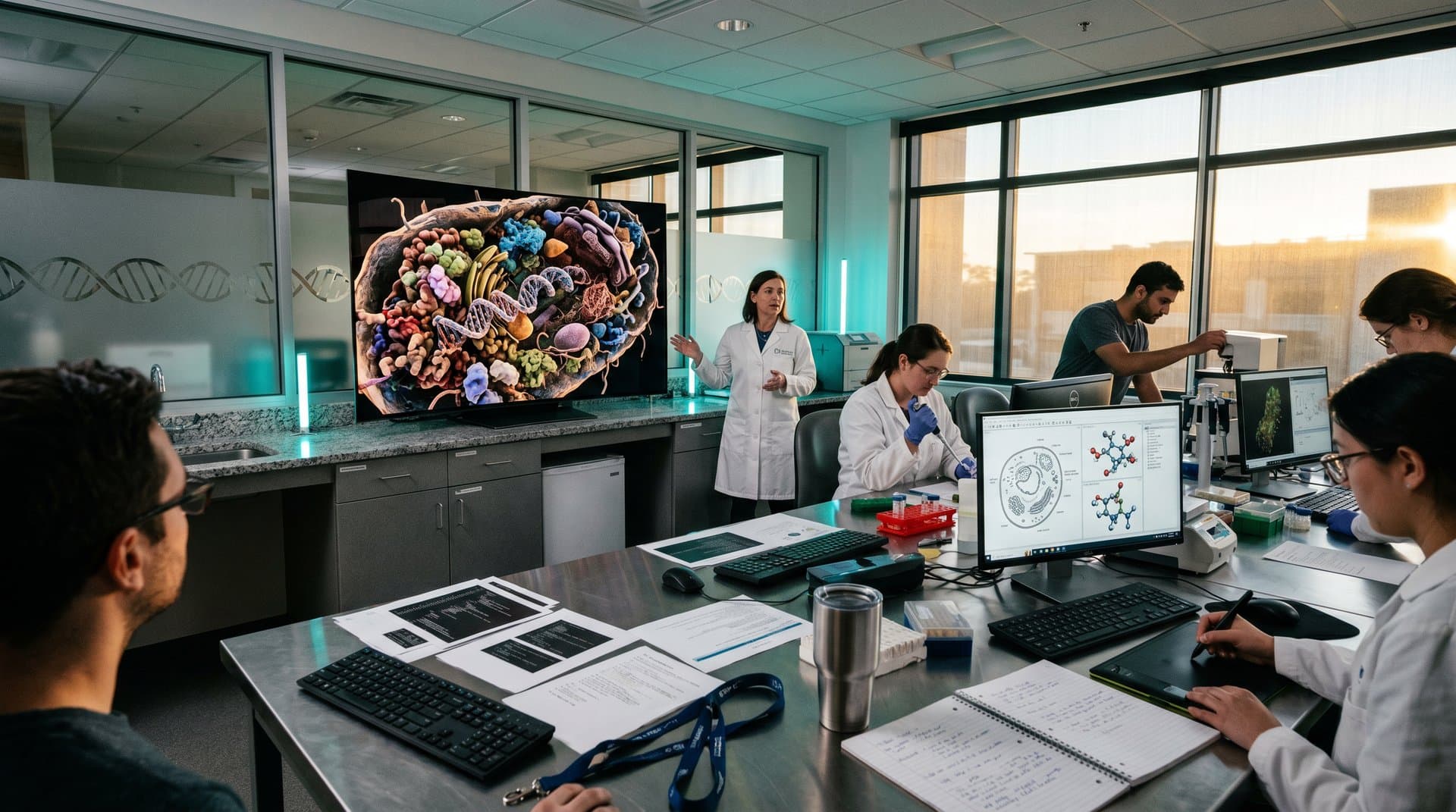 3D E. coli cell visualization on large OLED screen in modern bioengineering lab with workstations and molecular sketches