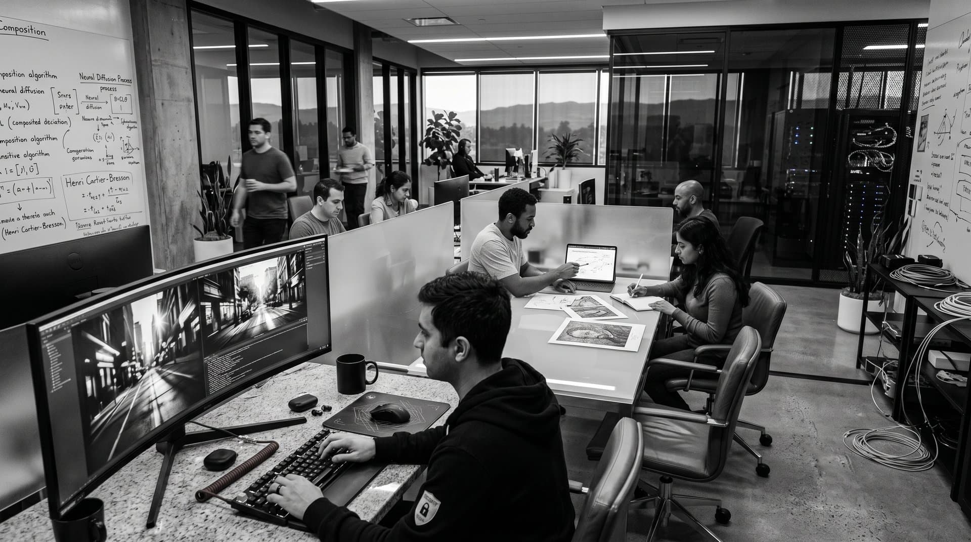 AI-generated photography portfolios on monitors amid DeepMind lab servers, whiteboards, and glowing fiber optics in innovation hub
