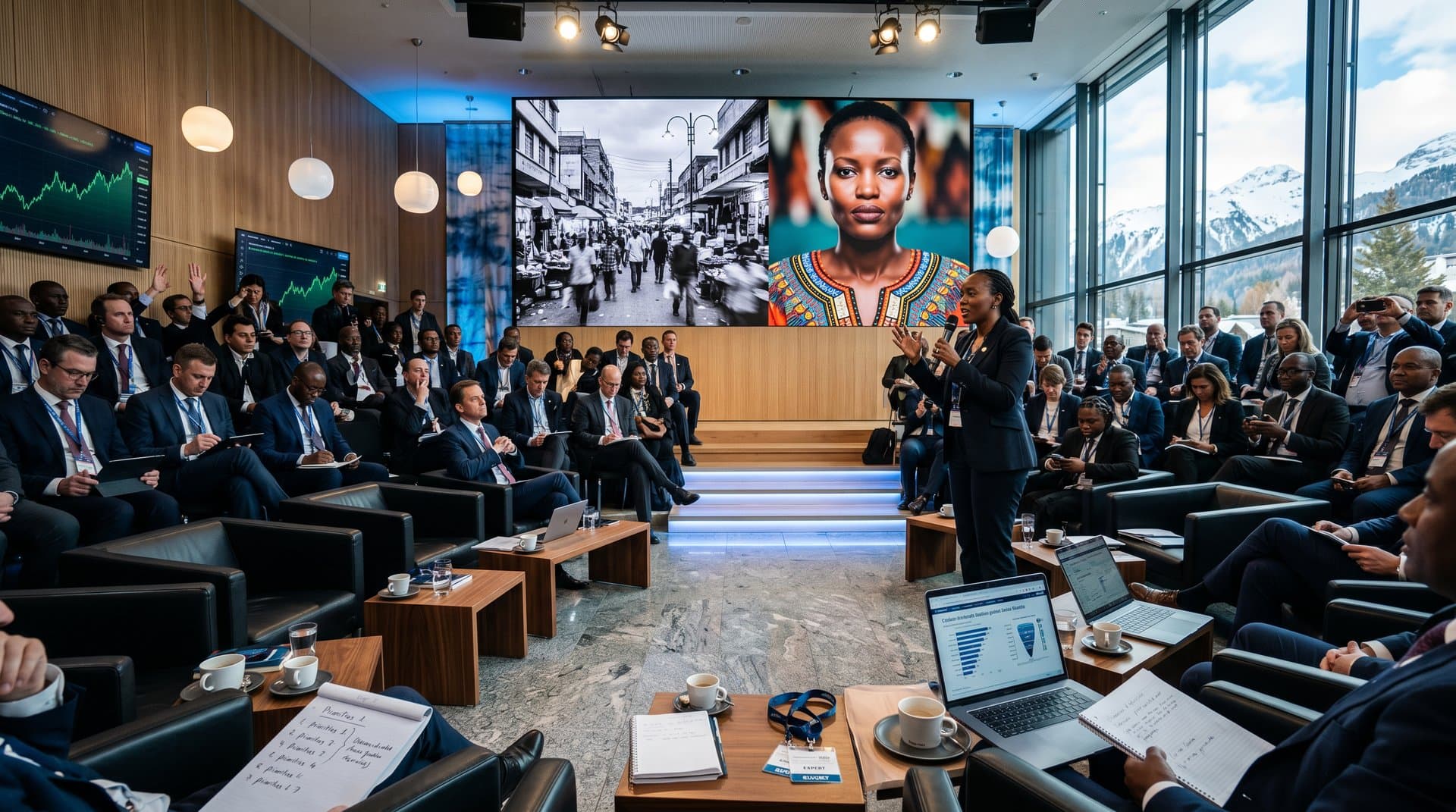 Davos auditorium AI governance panel with split-screen images of authentic vs AI-generated African market scenes, attentive audience