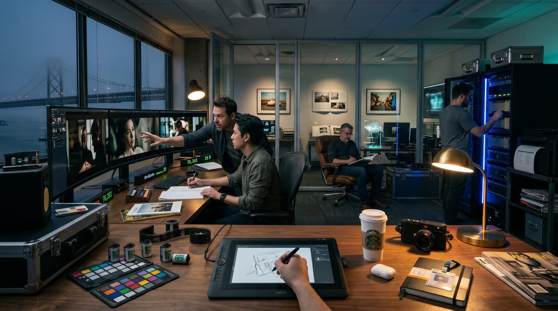 Post-production suite blending AI visuals with human craft on monitors, tech gear, and crypto ticker amid creative workflow
