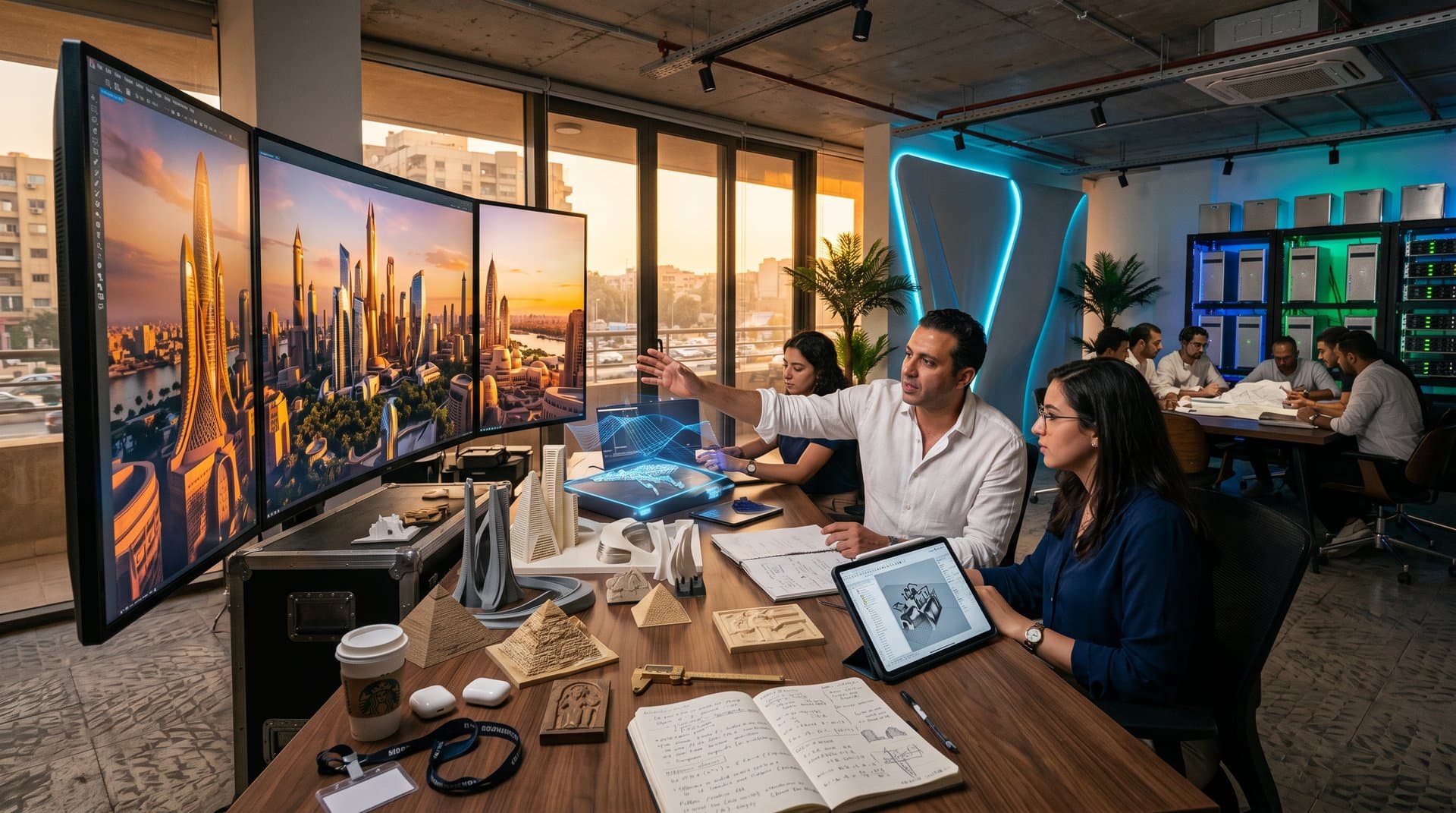 AI-generated renders of Nile metropolis on lab monitors amid scale models and holographic projections