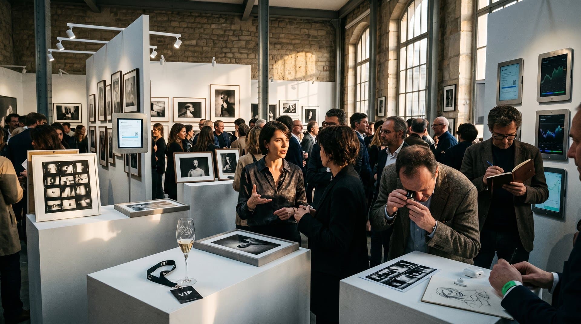 Gallery at Paris Photo displaying human-AI hybrid prints with analog grain amid crypto market charts and provenance certificates