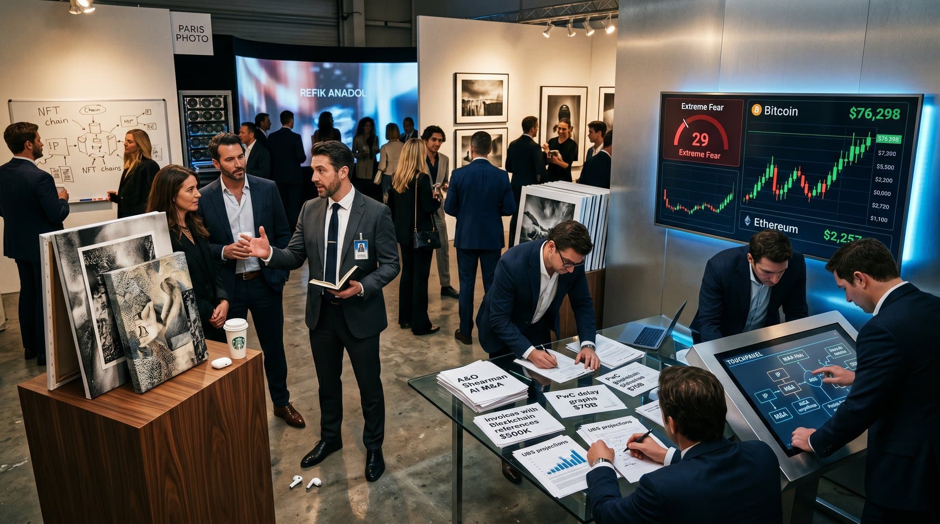 Gallery blending AI-hybrid prints, crypto Fear 29 charts, M&A docs on pedestals with chiaroscuro lighting