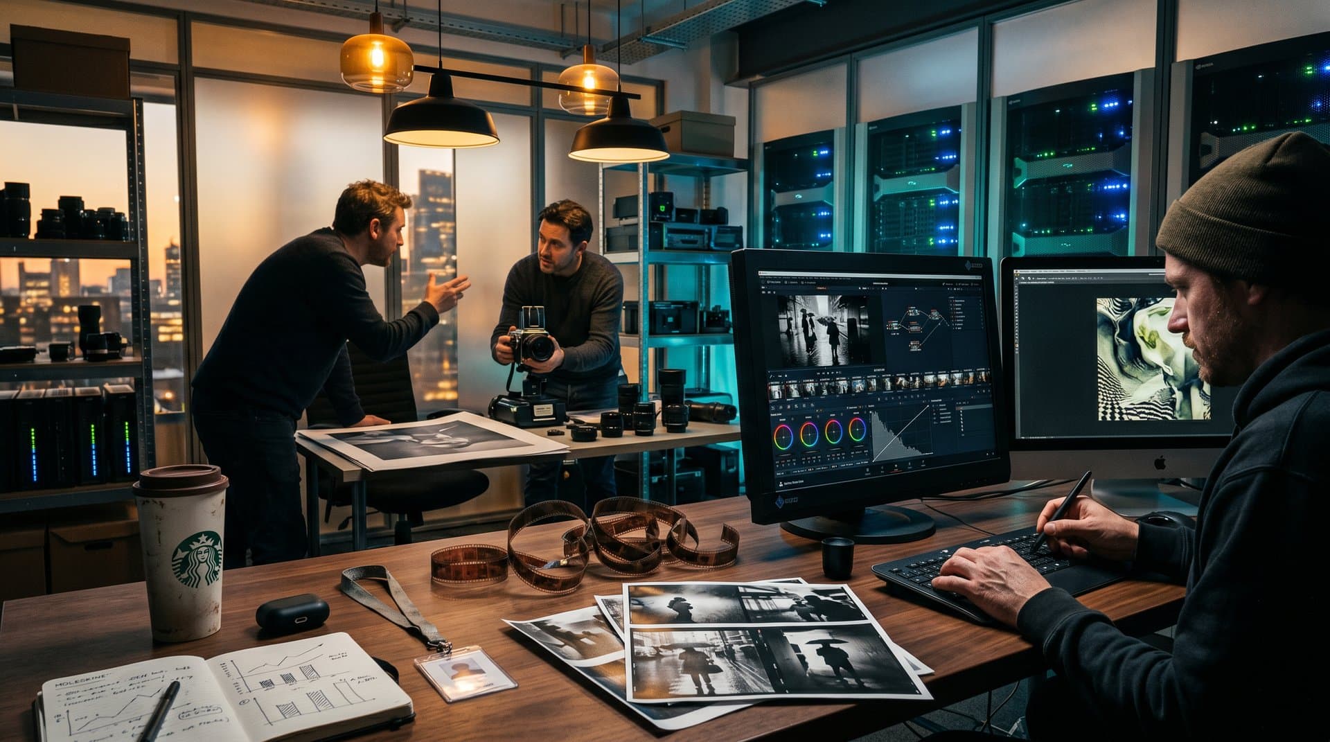 Post-production suite blending human craft and AI tools for undetectable filmmaking