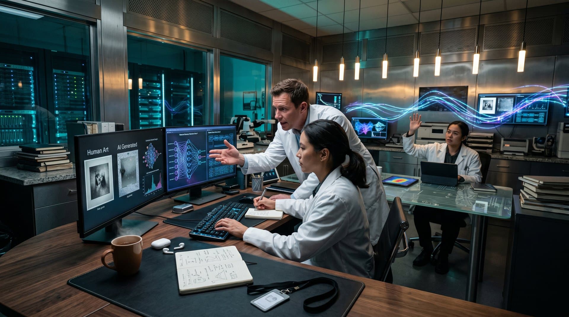 Tech lab monitors compare human and AI art with detection charts amid dramatic lighting and server glow