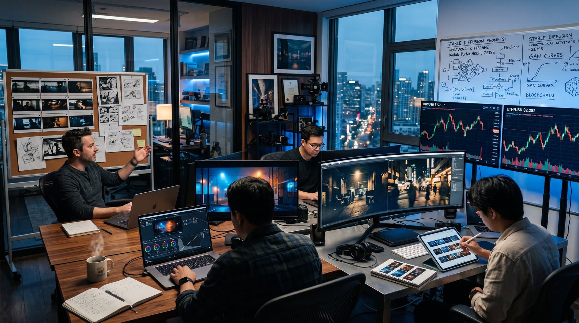 Monitors in high-tech lab display AI-human hybrid film frames with chiaroscuro and grain amid storyboards, laptops, and neural sketches