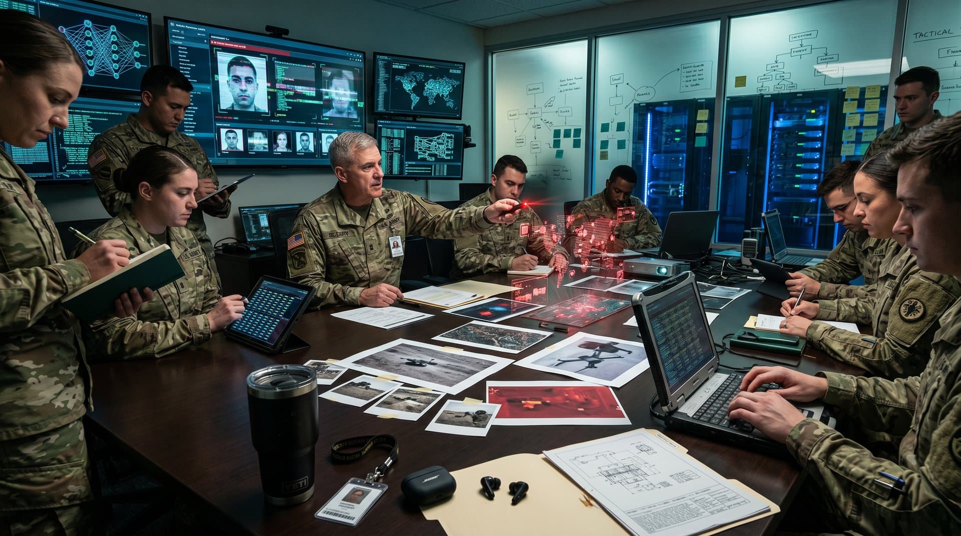 Secure room with AI screens scanning military photo archives for cyber threats amid strategy session