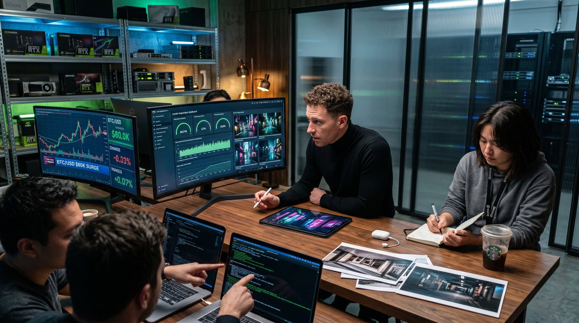 SageMaker dashboard displays capacity-aware inference metrics with AI photography outputs and BTC charts in creative studio
