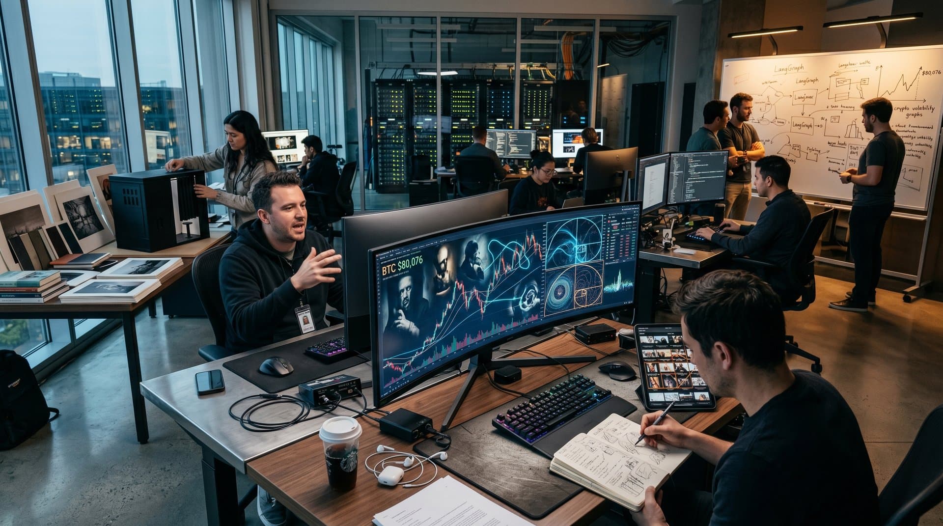 Art studio monitors blend AI chiaroscuro visuals with crypto charts, tech desks with diagrams and glowing keyboards, server background