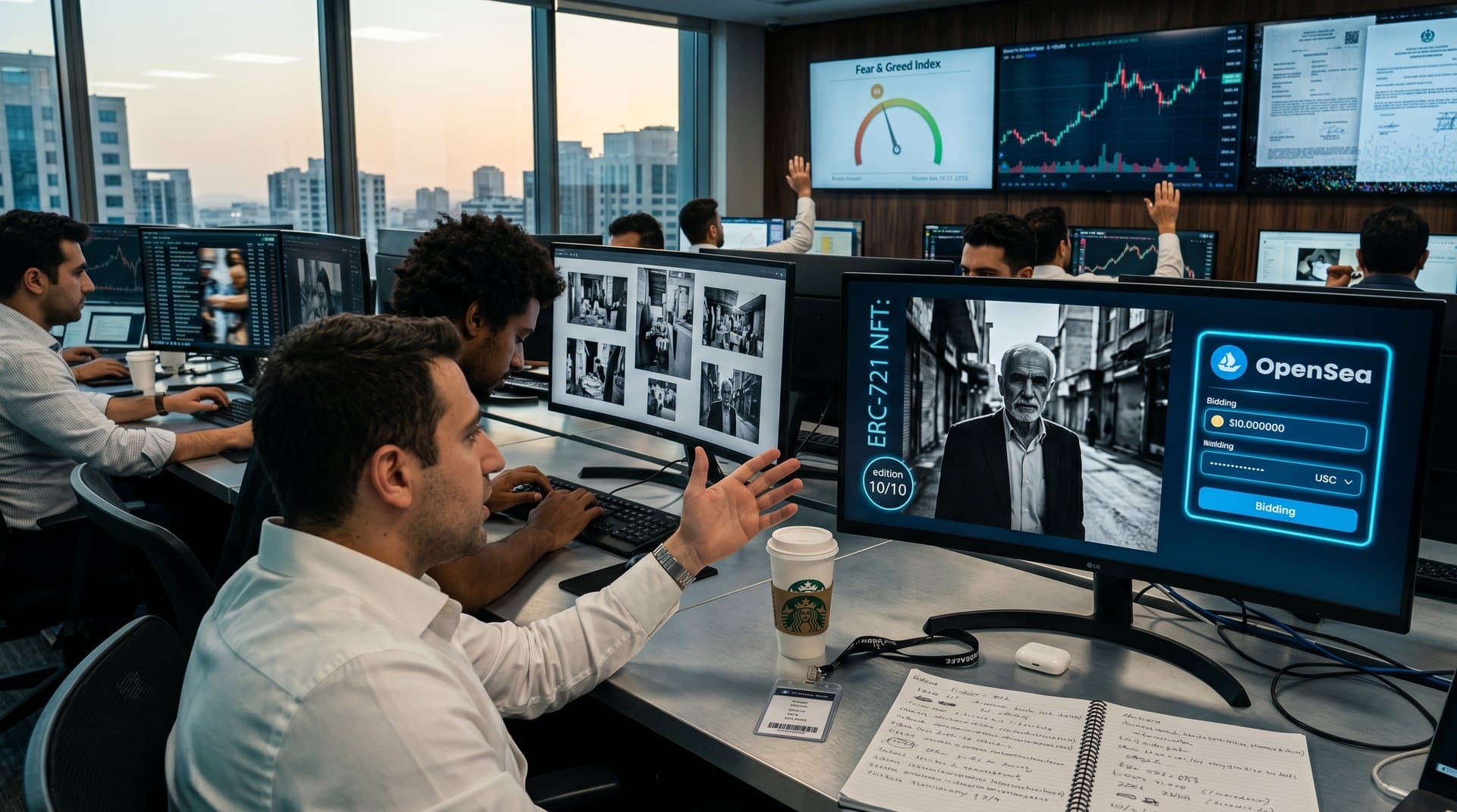Blockchain NFT collage of Iranian photography amid BTC charts and regulatory alerts