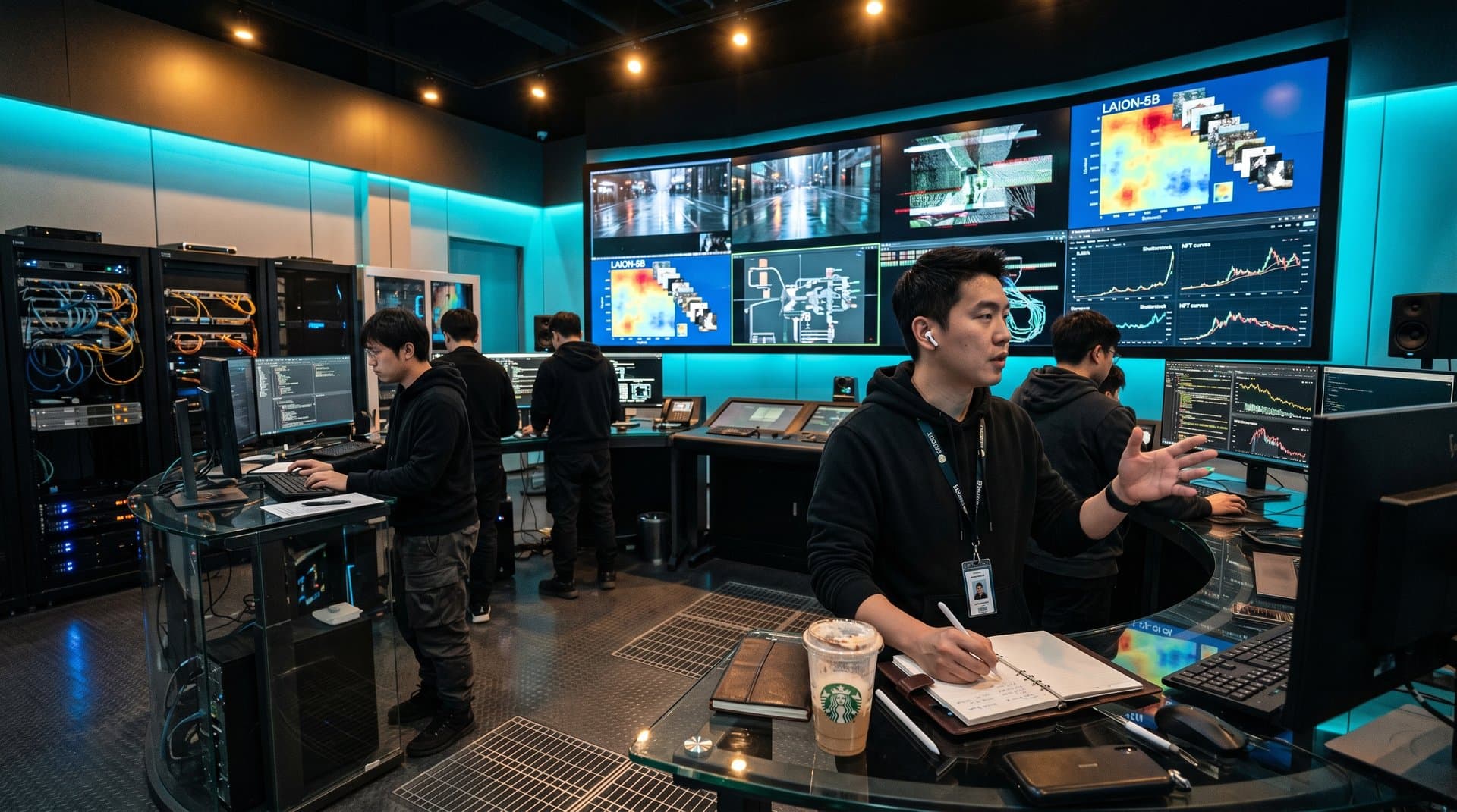 AI lab screens display generative versions of photography styles amid dataset heatmaps and GPU clusters