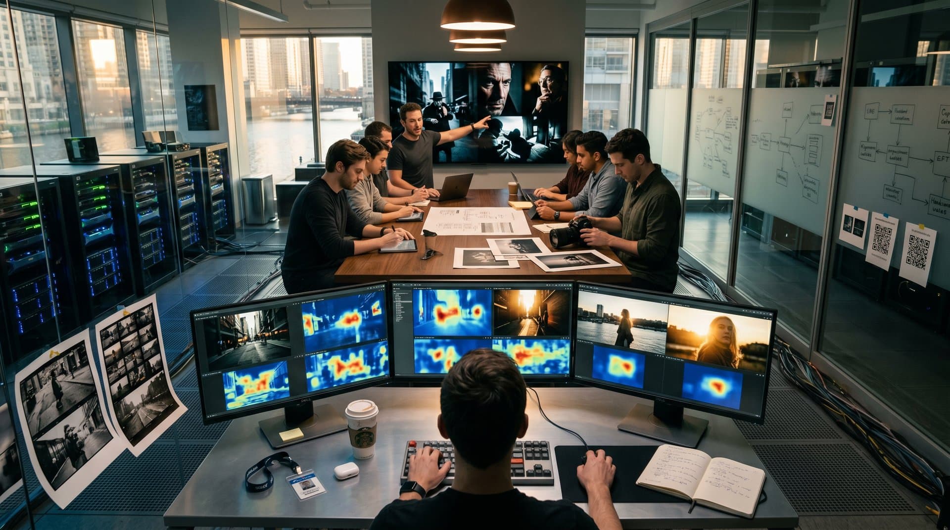 Tech lab monitors display AI-generated photography amid server racks and blockchain elements