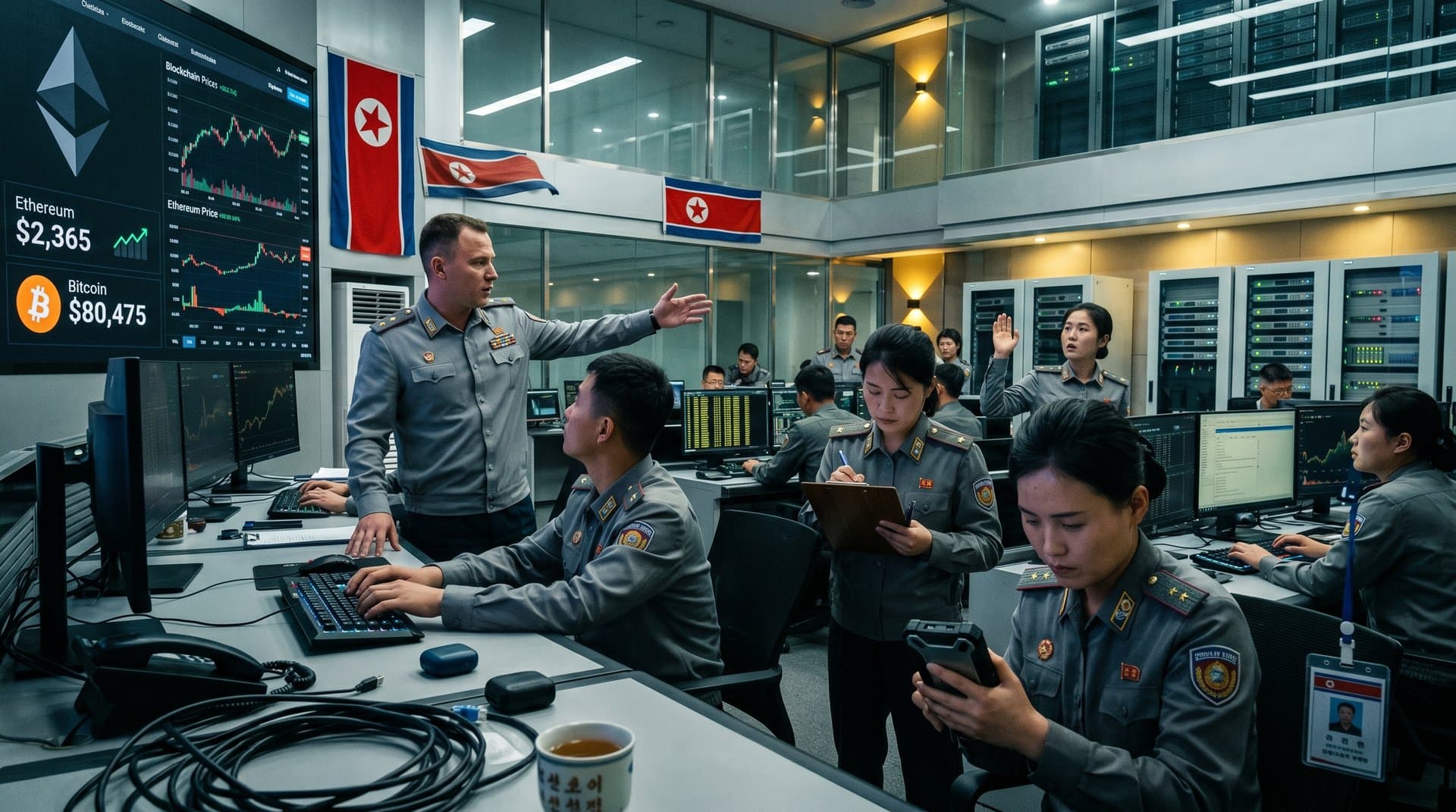 North Korean Juche propaganda photo of reptile media manipulating crypto ledgers with BTC at $80K