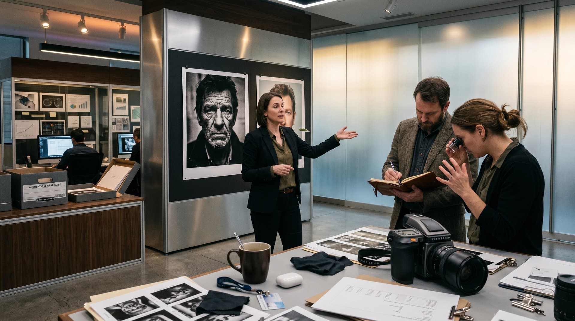 Gallery studio comparing human and AI photographs through detailed print analysis
