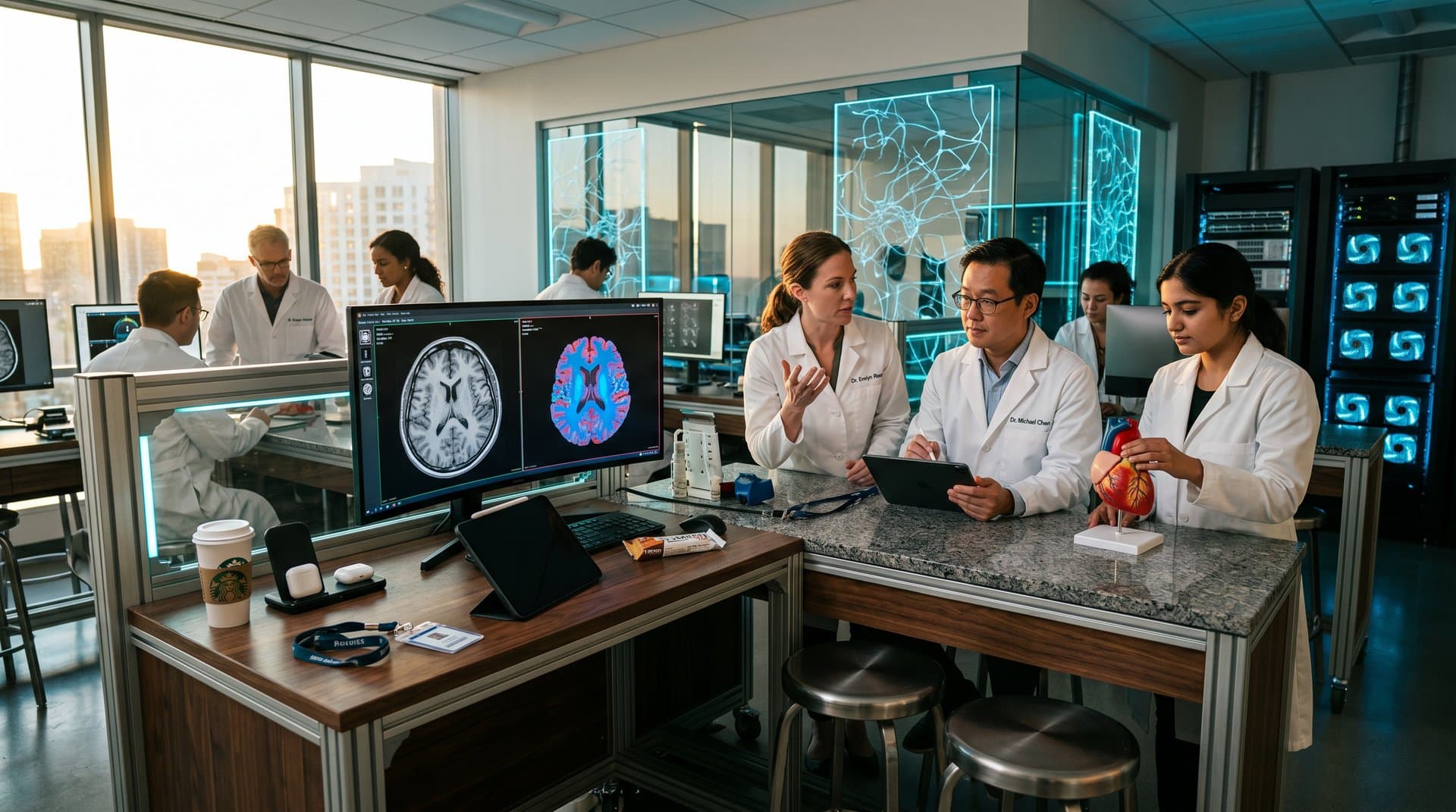 High-tech lab monitors compare real and AI-generated MRI scans amid research tools and neural network etchings