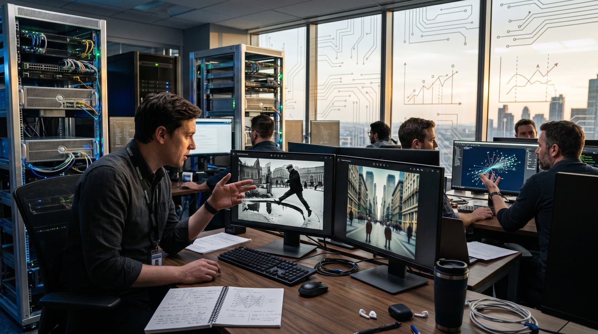 Lab desk monitors contrast real gelatin silver print and flawed AI image amid tech gear and server glow