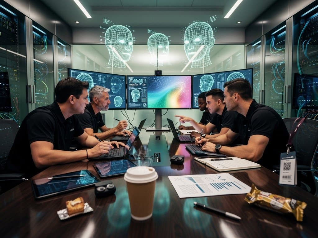 Abstract AI lab scene with monitors showing generative face grids and neural overlays amid server tech