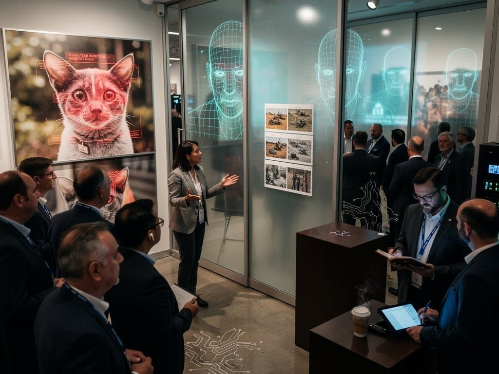 Gallery installation of AI ethics surveillance photography with projections, prints, and digital overlays evoking national security tensions