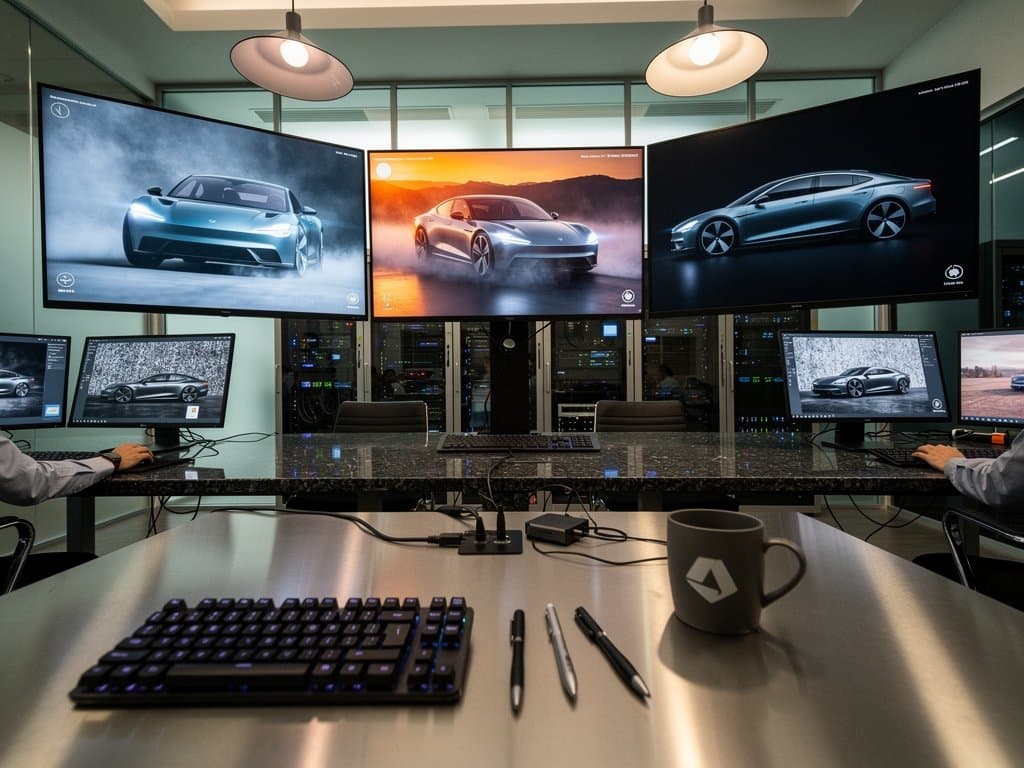 Sleek AI lab screens display generative futuristic car renders with chiaroscuro lighting and photo comparisons in modern workspace