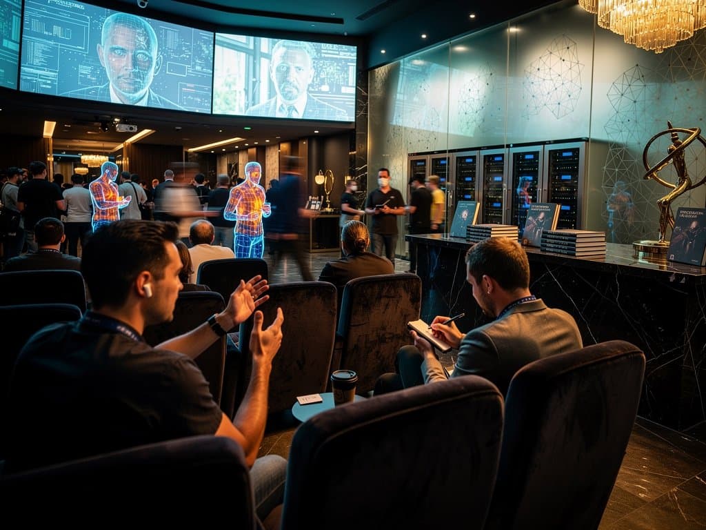 Dimly lit cinema lobby with AI surveillance heatmaps overlaying blurred crowds, empty seats, and neural network etchings in dramatic chiaroscuro