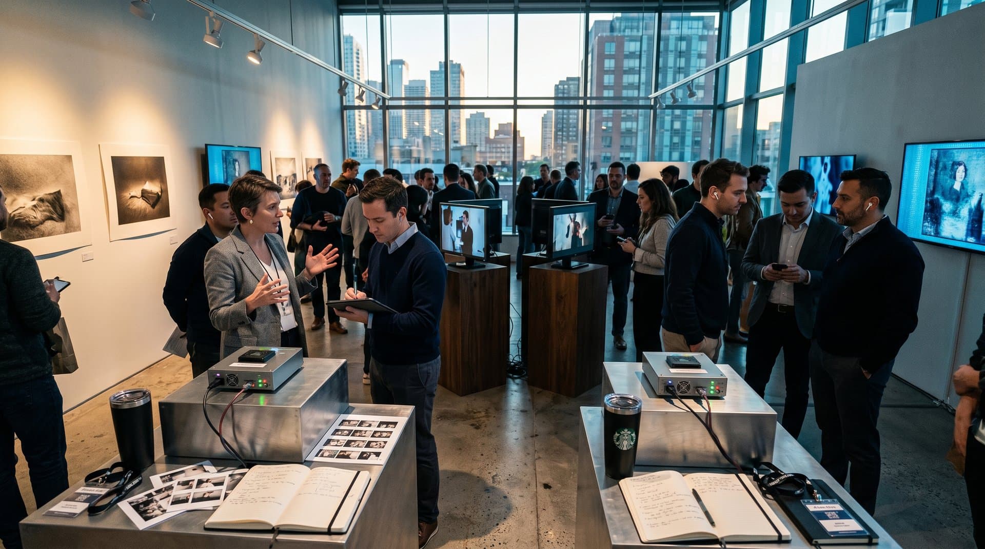 Gallery displays AI IP theft documentary exhibition with print comparisons and NFT tech setups