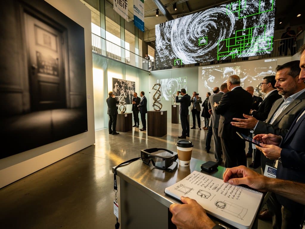 Gallery installation of Vision AI exhibitions with distorted prints, heatmaps on LED walls, and AR glasses amid immersive lighting