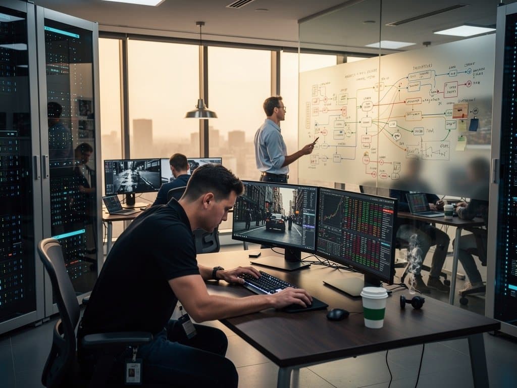 High-tech lab with monitors displaying AI-generated photography and IP ethics data in modern innovative environment